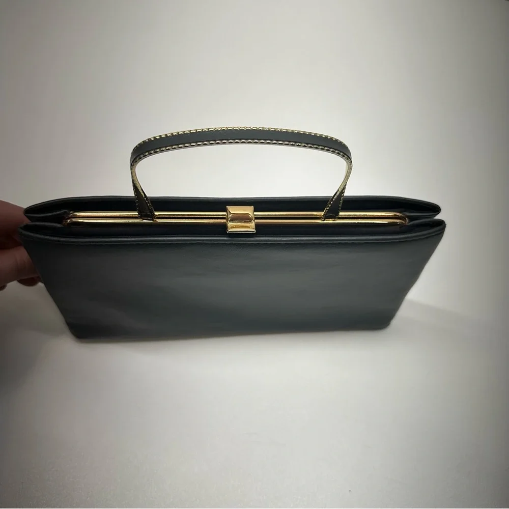 Vintage Ande Grey Faux Leather Gold Accent Evening Clutch Purse Retro Handle
